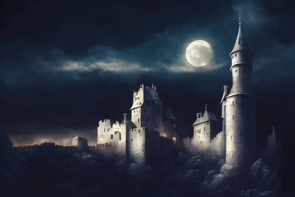 A mighty castle in the moonlight.