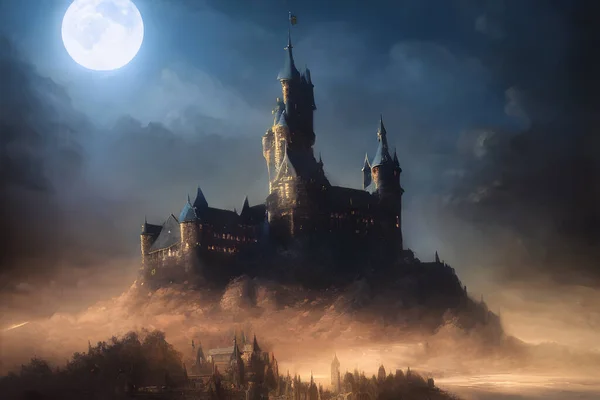 A mighty castle in the moonlight.