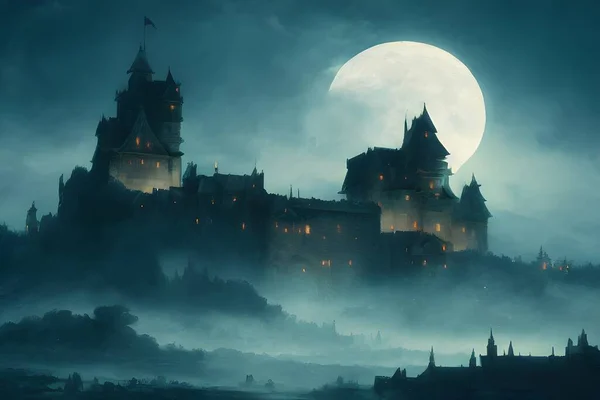 A mighty castle in the moonlight.