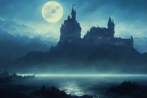 A mighty castle in the moonlight.