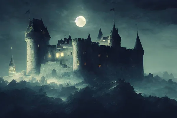 A mighty castle in the moonlight.