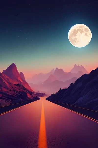 A full moon shines down on a deserted road.