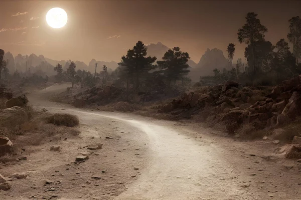 A full moon shines down on a deserted road.