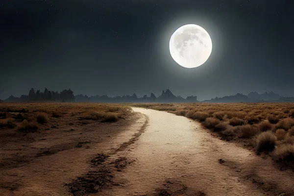 A full moon shines down on a deserted road.