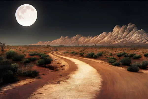 A full moon shines down on a deserted road.