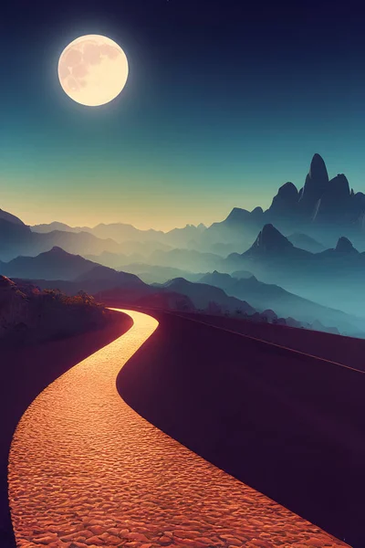 A full moon shines down on a deserted road.