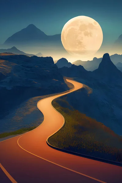 A full moon shines down on a deserted road.