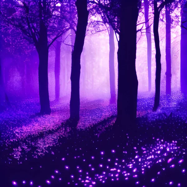 Gato roxo em uma floresta mágica à noite