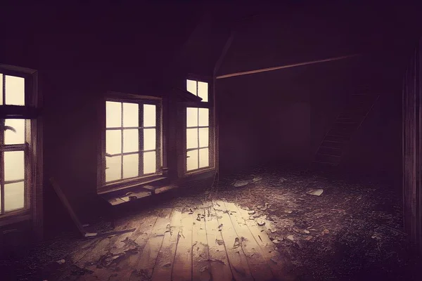 Abandoned creepy attic. Ruined. Haunted.