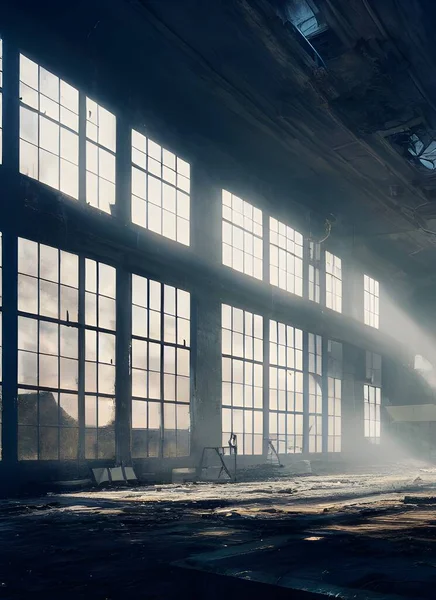 Abandoned factory, ruined and crumbling.