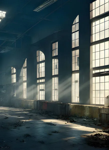 Abandoned factory, ruined and crumbling.