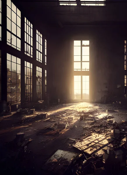 Abandoned factory, ruined and crumbling.