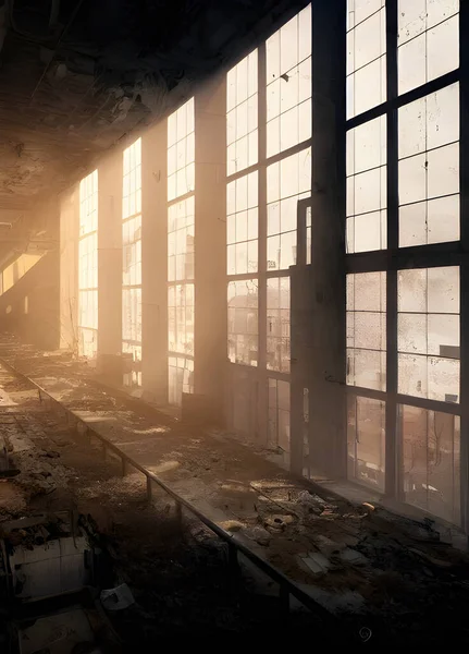 Abandoned factory, ruined and crumbling.