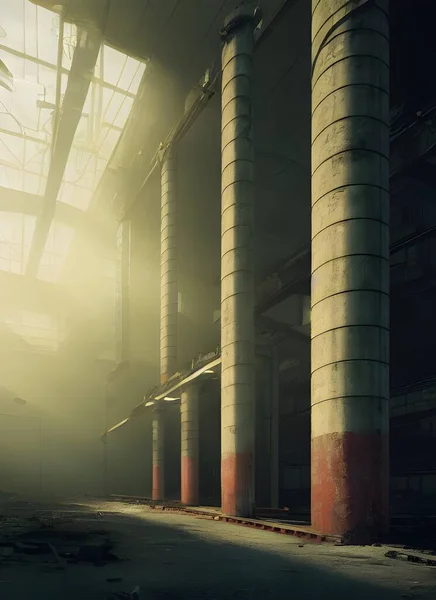 Abandoned factory, ruined and crumbling.