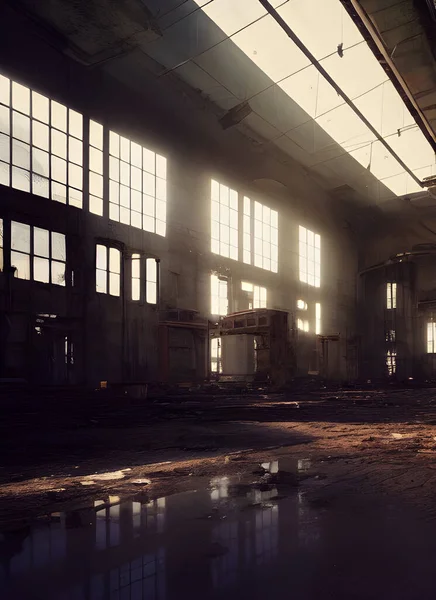 Abandoned factory, ruined and crumbling.