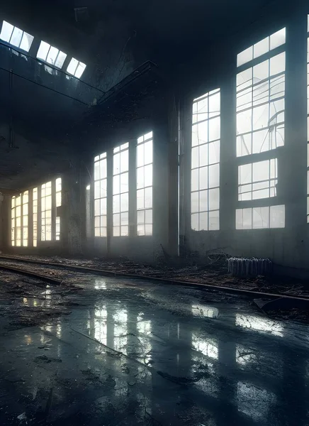 Abandoned factory, ruined and crumbling.