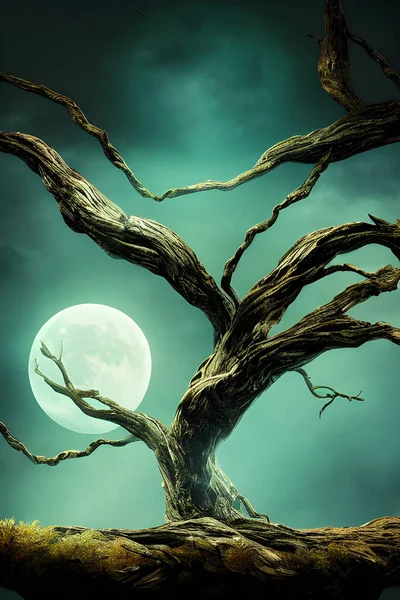 Creepy tree. Full moon. Halloween night. Dark and mysterious.