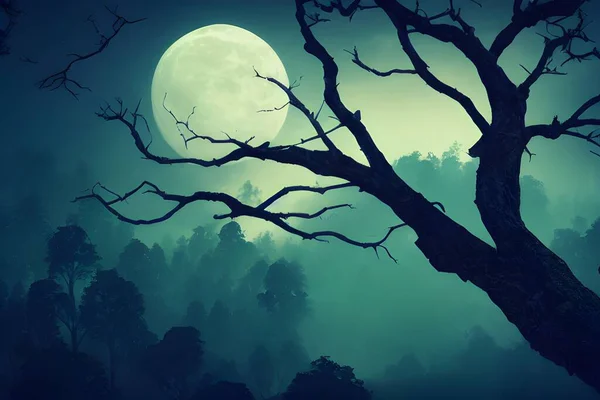 Creepy tree. Full moon. Halloween night. Dark and mysterious.