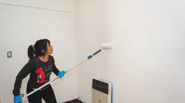 Jovem Mulher Latina Pintando Uma Parede Seu Apartamento — Fotografia de Stock