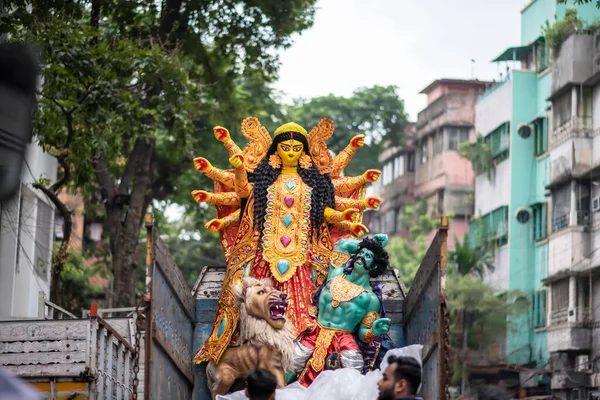 Kalkutassa Intiassa Lokakuuta 2022 Hindu Jumalatar Durga Idoli Menossa Pandaali — kuvapankkivalokuva