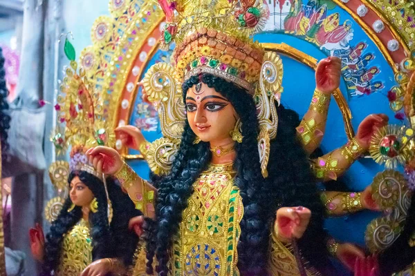 Close Deusa Ídolo Hindu Durga Pronto Para Puja Mandap — Fotografia de Stock