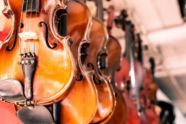 Violini Sono Appesi Nel Negozio Dettaglio Vendere — Foto Stock