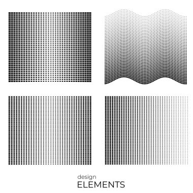 Tasarım ögeleri simgesini düzenlenebilir simge olarak belirleyin - Beyaz arkaplanda yarım ton nokta deseni. Vektör illüstrasyonu, teknoloji için siyah soyut rastgele noktalar ve büyük veri içeren 10 kare kaydediyor