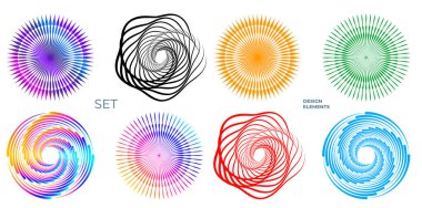 Tasarım elemanı çemberini ayarla İzole edilmiş koyu renk vektör altın halkadan. Harmanlama Aracı kullanılarak oluşturulan birçok parlak girdabın soyut dalgalı çizgileri. Sunumunuz için vektör illüstrasyonu EPS10