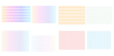 Doğrusal arkaplanı ayarla. Yumuşak gökkuşağı rengi. Tasarım elemanları. Çokgen çizgiler. guilloche. Banknotların, diplomaların ve sertifikaların şablonu için koruyucu katman. Vektör illüstrasyonu EPS 10