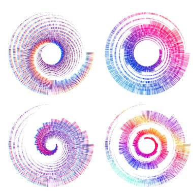 Tasarım elemanı çemberini ayarla İzole edilmiş koyu renk vektör altın halkadan. Harmanlama Aracı kullanılarak oluşturulan birçok parlak girdabın soyut dalgalı çizgileri. Sunumunuz için vektör illüstrasyonu EPS10