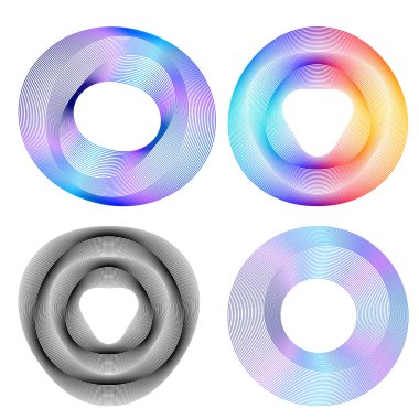 Tasarım elemanı çemberini ayarla İzole edilmiş koyu renk vektör altın halkadan. Harmanlama Aracı kullanılarak oluşturulan birçok parlak girdabın soyut dalgalı çizgileri. Sunumunuz için vektör illüstrasyonu EPS10