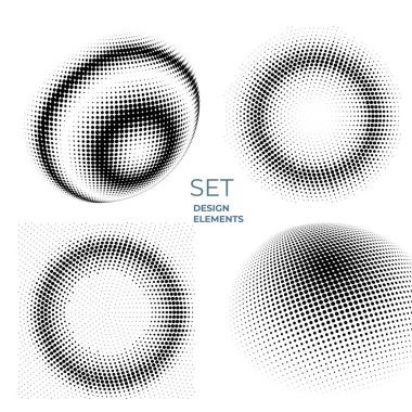Tasarım ögeleri simgesini ayarla - Düzenlenebilir simge - Yarım ton daireler, yarım ton nokta deseni beyaz arkaplanda. Vektör illüstrasyonunda teknoloji ve elektronik için siyah soyut rastgele noktalar 10 kare yer alıyor