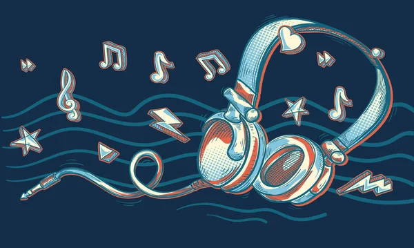 Coloridos Auriculares Notas Dibujadas Diseño Musical — Vector de stock