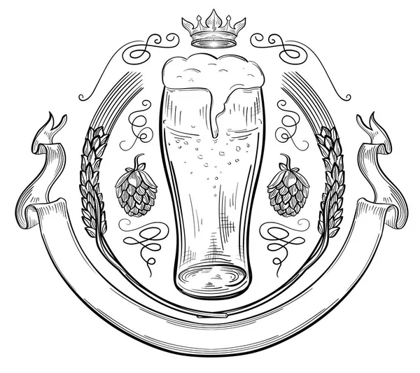 Vaso Cerveza Emblema Dibujado Decorativo Blanco Negro — Archivo Imágenes Vectoriales