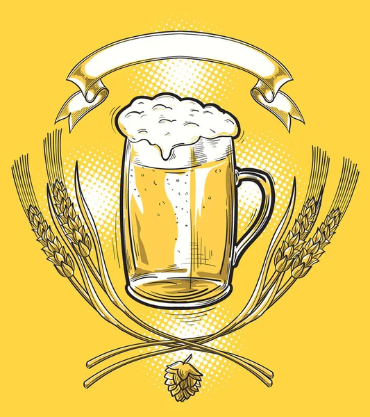 Glas Bier Getekende Decoratieve Embleem — Stockvector