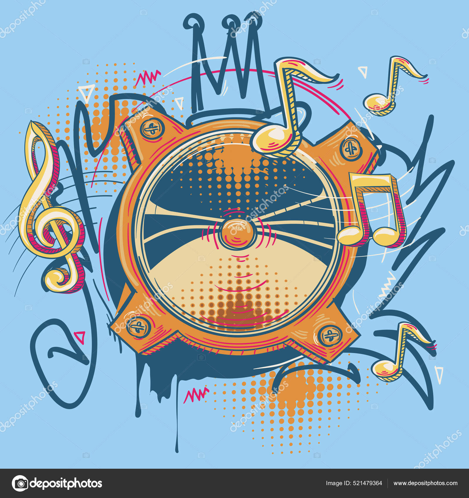 Colorful Drawn Loudspeaker Notes Graffiti Musical Design Stock