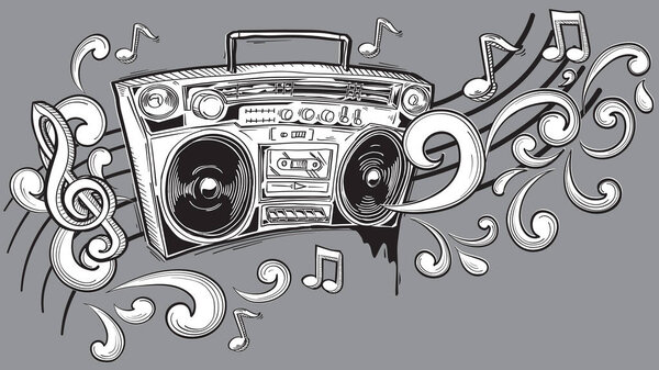 Musical design - funky monochrome drawn boom box and notes