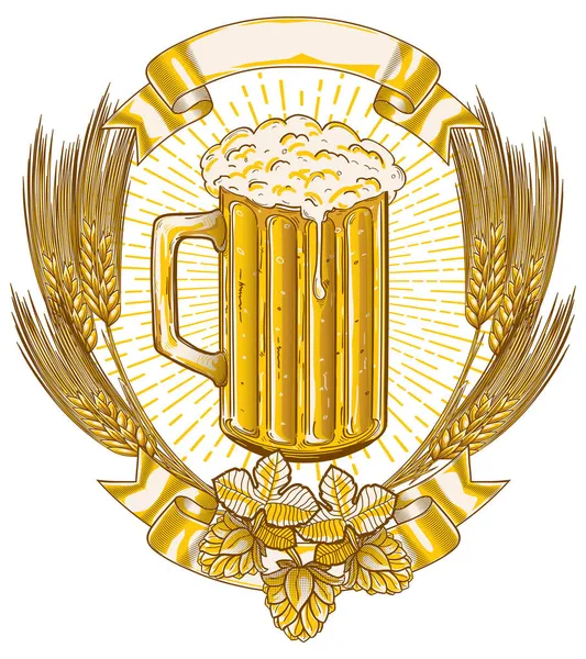 ホップと小麦を使用したビールのガラス 描かれた醸造所の装飾エンブレム — ストックベクタ