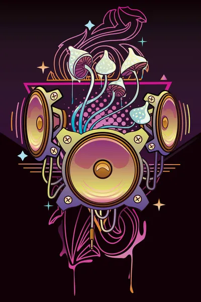 Emblema Música Electrónica Psicodélica Altavoces Coloridos Setas Mágicas — Vector de stock
