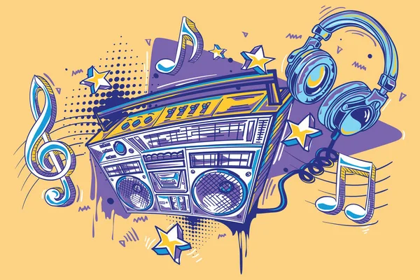 Müzik Kutusu Kulaklıklar Graffiti Renkli Müzik Tasarımı — Stok Vektör