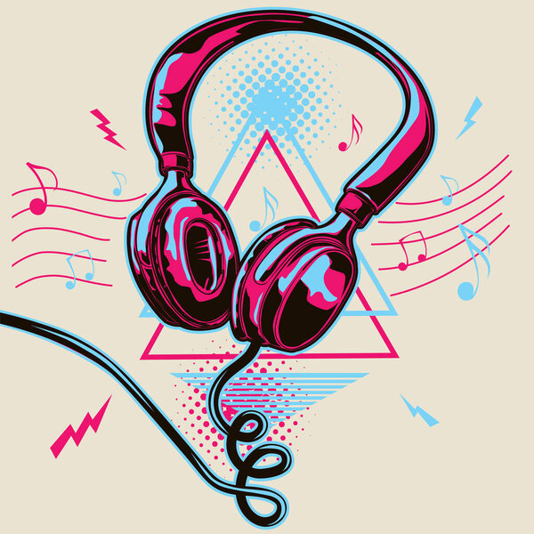 Colorful musical headphones and notes - music design