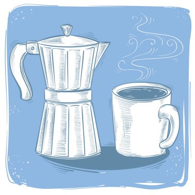 Moka demliği ve bir fincan kahve - el yapımı dekoratif tasarım