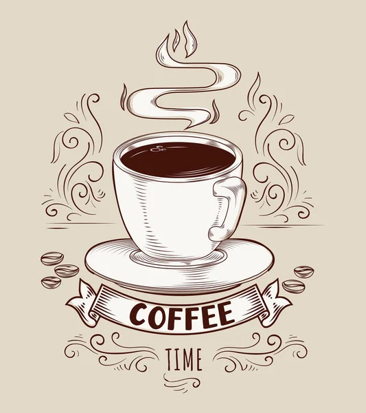 Kahve Zamanı Bir Fincan Kahve Monokrom Reklam Afişi — Stok Vektör