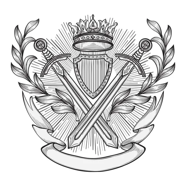 Два Меча Корона Черно Белая Декоративная Винтажная Эмблема — стоковый вектор