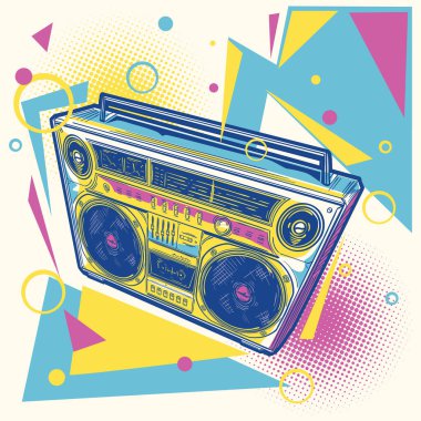 Müzik 80 'lerin tarzı tasarım - funky renkli çizilmiş teyp kaydedicisi