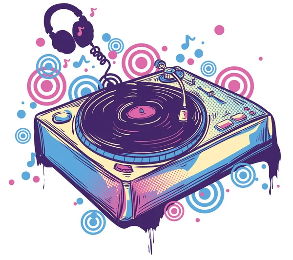 Turntable Graffiti Colorful Funky Music Design — Stock Vector