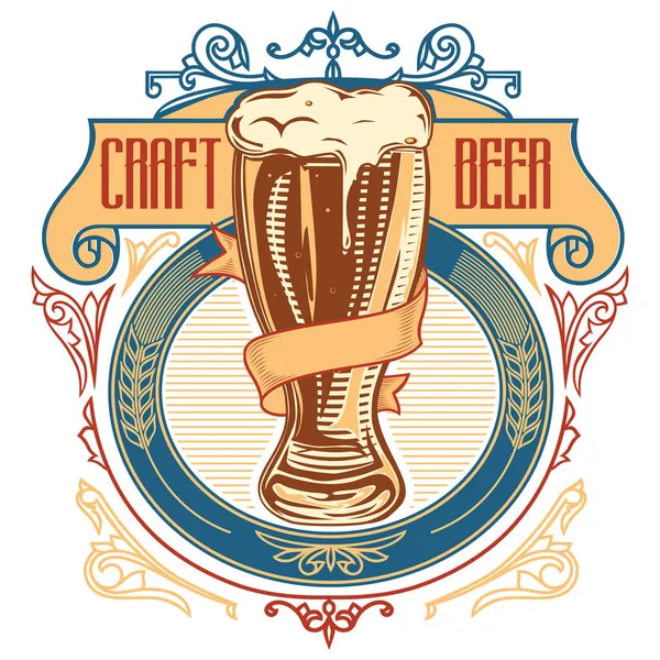 Ambacht Bier Glas Bier Decoratieve Vintage Embleem — Stockvector