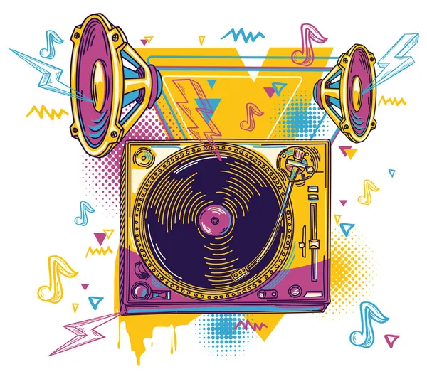 Disegno Musicale Retro Giradischi Sistema Audio Graffiti Colorati — Vettoriale Stock