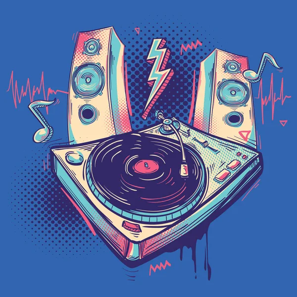 Drawn Music Retro Gramofon Sound System Kolorowe Graffiti — Wektor stockowy