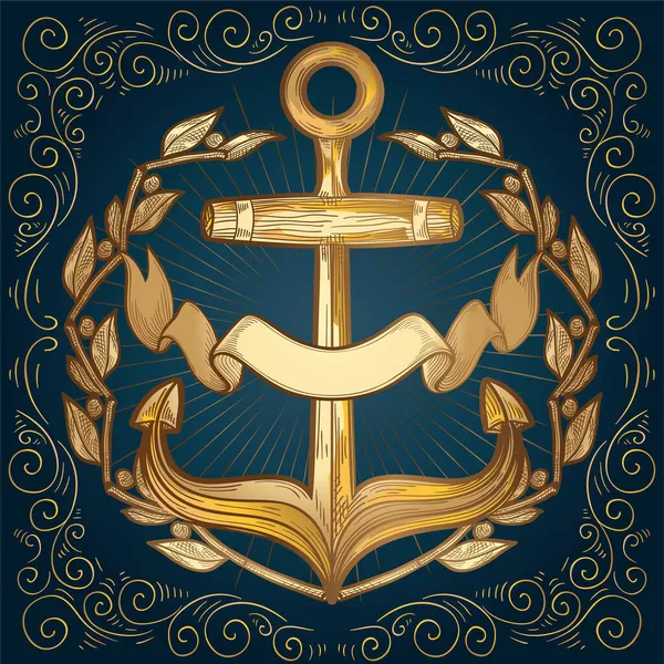 黄金のアンカー 花輪とリボン 装飾的な航海の紋章 — ストックベクタ